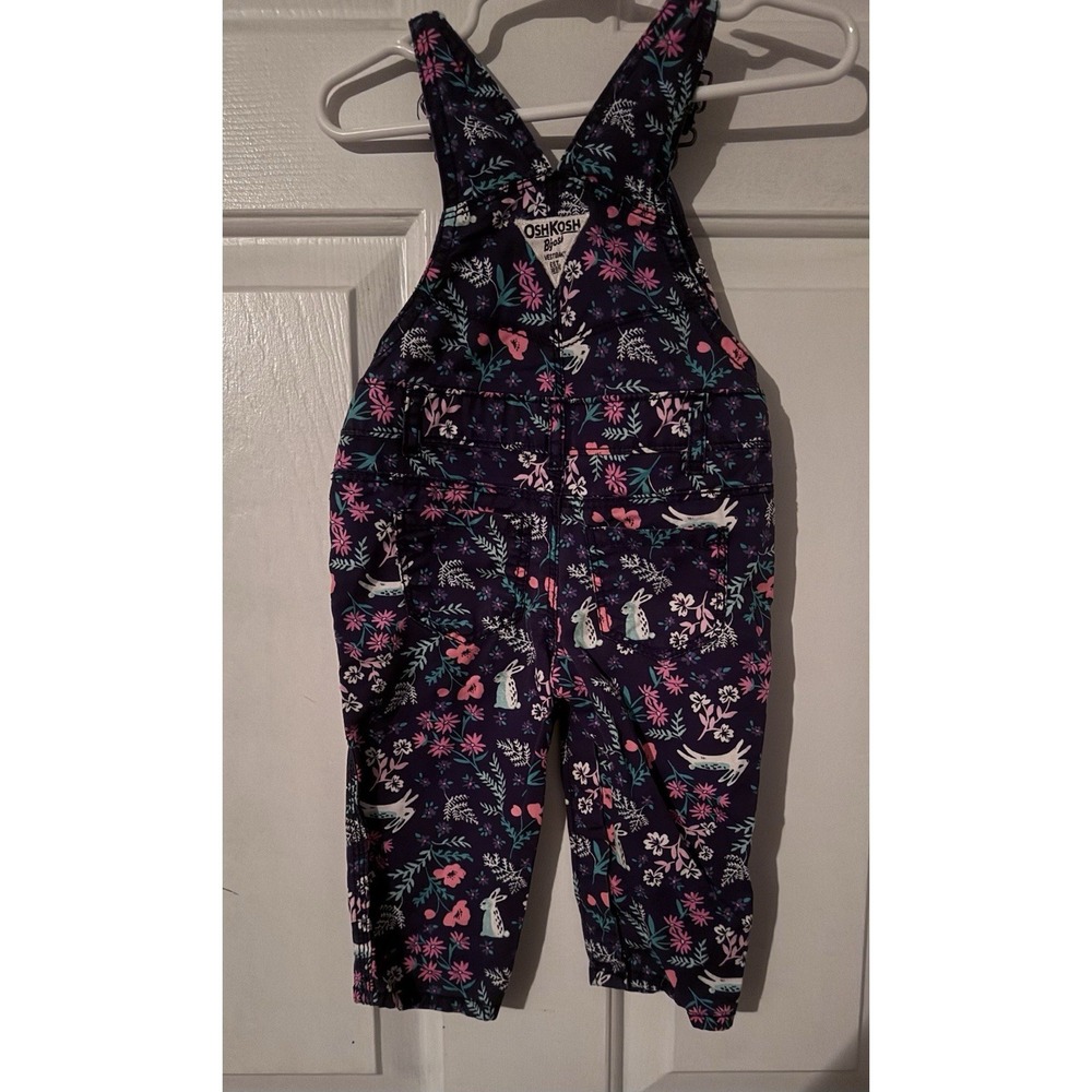 OshKosh B'gosh 9 Months Floral Bunny Rabbit Vestbak Overalls Easter Blue Pink - Picture 2 of 3